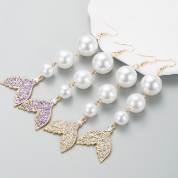 one pair new two colors rhinestone fishtail pearl long alloy earrings (length:11cm)