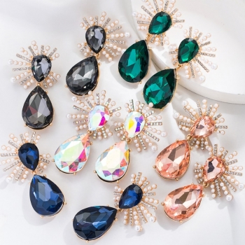 one pair new five colors water droplets shape rhinestone pearl decor long alloy earrings (length:6.2cm)