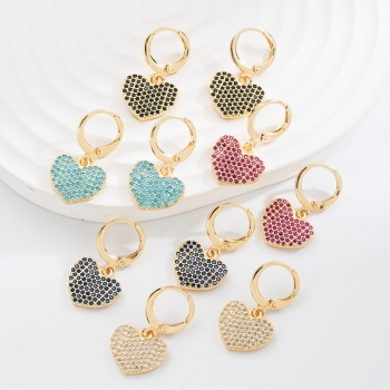 one pair new five colors rhinestone heart shape alloy hoop earrings (length:2.5cm)