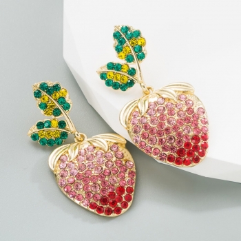 one pair new rhinestone decor strawberry and leaf shape alloy earrings (length:5.4cm)
