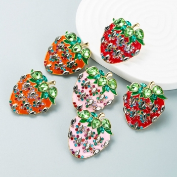 one pair new three colors rhinestone decor dripping oil strawberry shape alloy earrings (length:3.9cm)