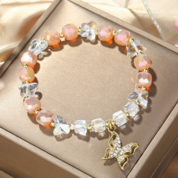 one pc new orange faceted rhinestone butterfly pendant peach blossom transfer bead bracelet(length:17cm)