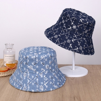 one pc summer stylish 2 colors sequin decor lattice denim bucket hat 56-58cm