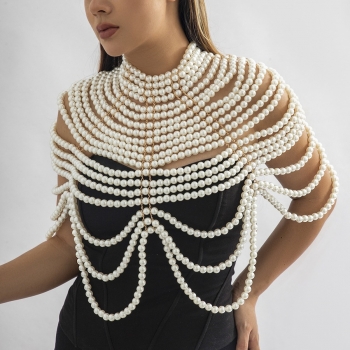 one pc new exaggerated multilayer handwoven faux pearl fringe shawl sexy cutout body chain(length:40cm)