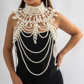 one pc new multilayer handwoven faux pearl fringe shawl sexy cutout body chain(length:53cm)