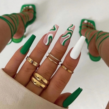 twenty four pcs new white and green wave contrast color decor long fake nails x3 boxes(contain 3pcs tapes)