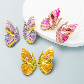 one pair new three colors butterfly rhinestone dripping oil stylish pretty alloy earrings