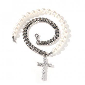 one pc new hip hop pearl cuban chain rhinestone cross pendant necklace(length:40cm)