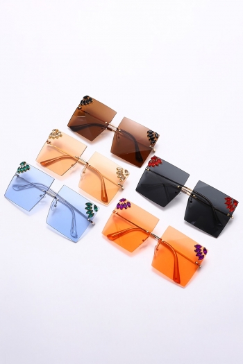 one pc new stylish six colors rhinestone decor square frameless metal glasses legs uv protection polarized sunglasses