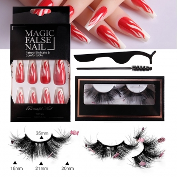 halloween one pair new pumpkin candy decor real mink false eyelashes & twenty four pcs flame print fake nails sets with box (length:21 mm) (with brush & tweezers & nail file)