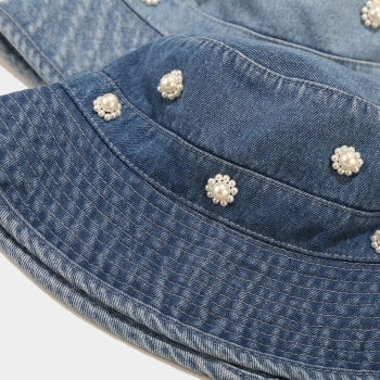 One pc new stylish three colors pearl flower decor denim bucket hat 56-58cm
