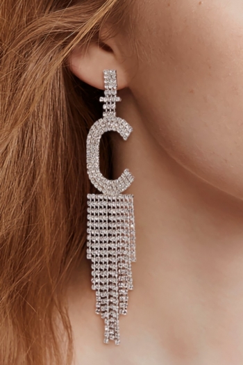 one pair new c-letter rhinestone metal tassel sexy earrings