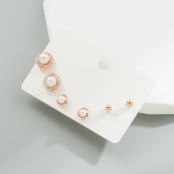Three pairs set new round pearl rhinestone beads stylish classic alloy earrings (length:1cm)