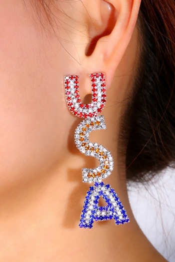 One pair new 2 colors letter rhinestone metal earrings