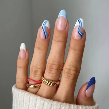 twenty four pcs new blue white edge contrast color wavy lines decor fake nails x3 boxes(contain 3pcs tapes)