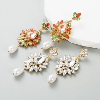 one pair new two colors flower leaf shape rhinestone pearl stylish luxurious earrings (length:6cm)