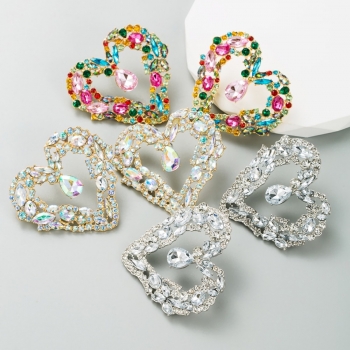 one pair new three colors heart shape rhinestone stylish creative alloy earrings (length:5.5cm)