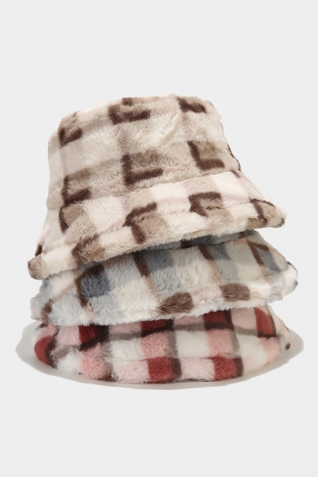one pc new winter stylish four colors lattice warm plush bucket hat 56-58cm