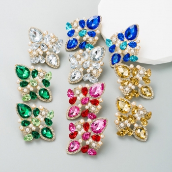 one pair new five colors geometric shape rhinestone pearl stylish creative earrings (length:5.3cm)