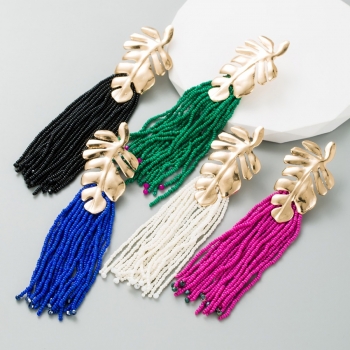one pair new five colors leaf beads tassel stylish creative bohemian earrings (length:11.5cm)