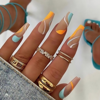 twenty four pcs new matt orange green stripes contrast color decor fake nails x3 boxes(contain 3pcs tapes)