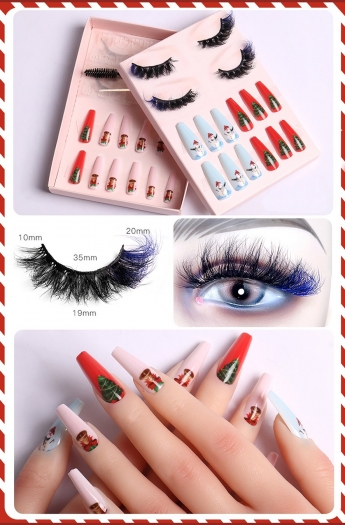 christmas new two pair real mink false eyelashes & twenty four pcs set snowman christmas tree print fake nails sets (eyelash length:35 mm) (with brush & jelly glue & nail file & stick)