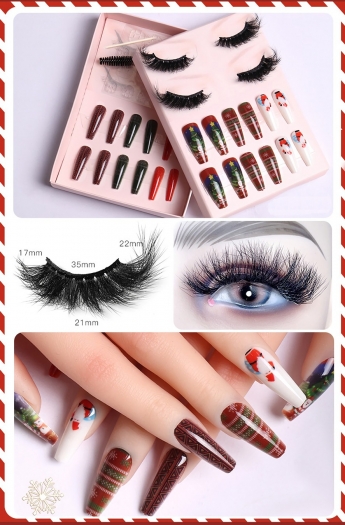 christmas new two pair real mink false eyelashes & twenty four pcs set santa christmas tree snowflake print fake nails sets (eyelash length:35 mm) (with brush & jelly glue & nail file & stick)