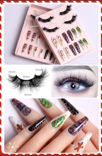 christmas new two pair real mink false eyelashes & twenty four pcs set candy cane elk christmas tree print fake nails sets (eyelash length:35 mm) (with brush & jelly glue & nail file & stick)