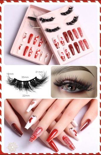 christmas new two pair real mink false eyelashes & twenty four pcs set polka dots sock santa claus print fake nails sets (eyelash length:35 mm) (with brush & jelly glue & nail file & stick)