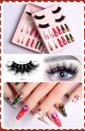 christmas new two pair real mink false eyelashes & twenty four pcs set snowflake santa claus print fake nails sets (eyelash length:35 mm) (with brush & jelly glue & nail file & stick)