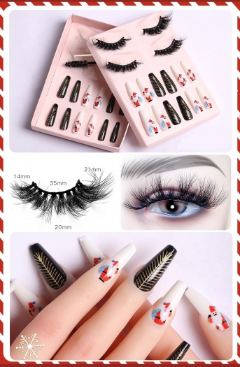 christmas new two pair real mink false eyelashes & twenty four pcs set santa claus peacock feather print fake nails sets (eyelash length:35 mm) (with brush & jelly glue & nail file & stick)