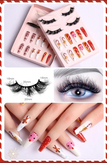christmas new two pair real mink false eyelashes & twenty four pcs set candy cane snowflake print fake nails sets (eyelash length:35 mm) (with brush & jelly glue & nail file & stick)