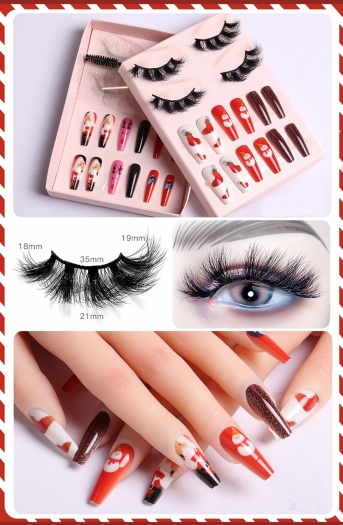christmas new two pair real mink false eyelashes & twenty four pcs set snowman socks santa elk print fake nails sets (eyelash length:35 mm) (with brush & jelly glue & nail file & stick)
