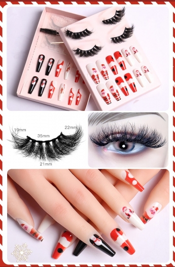 christmas new two pair real mink false eyelashes & twenty four pcs set santa snowman paper man print fake nails sets (eyelash length:35 mm) (with brush & jelly glue & nail file & stick)