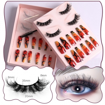 halloween new two pair multilayer curly synthetic false eyelashes & twenty four pcs sets dead branches print fake nails (eyelash length:35 mm) (with brush & jelly glue & nail file & stick)
