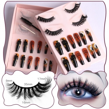 halloween new two pair multilayer curly synthetic false eyelashes & twenty four pcs sets dead branch villa print fake nails (eyelash length:35 mm) (with brush & jelly glue & nail file & stick)