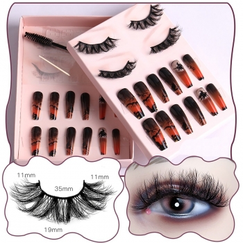 halloween new two pair multilayer curly synthetic false eyelashes & twenty four pcs sets dead branches witch print fake nails (eyelash length:35 mm) (with brush & jelly glue & nail file & stick)