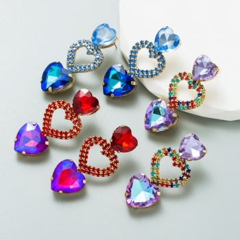 one pair new three colors heart shape rhinestone stylish creative alloy earrings (length:5cm)
