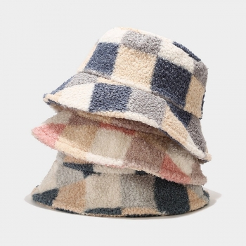 one pc three colors lattice berber fleece warm casual bucket hat