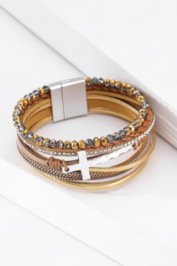 one pc new 4 colors boho braided vintage beaded cross multilayer magnetic leather bracelet (length:19.2cm)