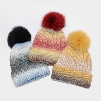 one pc winter new stylish 8 colors contrast color gradient detachable fur ball decor warm knitted beanie 56-58cm