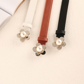new stylish simple 3 colors solid color flower pearl decor pu alloy buckle all-match belt (length:103cm, width:2.3cm)