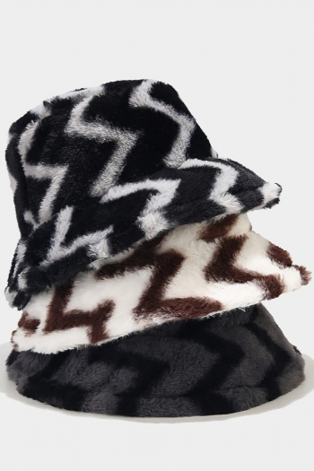 one pc winter 3 colors wave stripe printing warm plush bucket hat 56-58cm