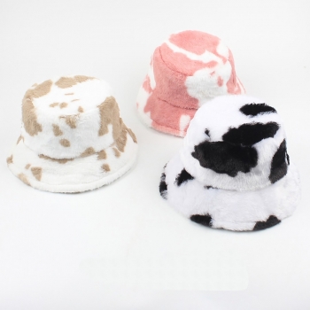 seven colors cow pattern plush keep warm adjustable bucket hat 57cm