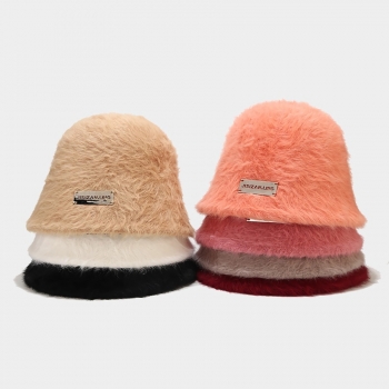 one pc stylish new winter metal labeling warm plush bucket hat