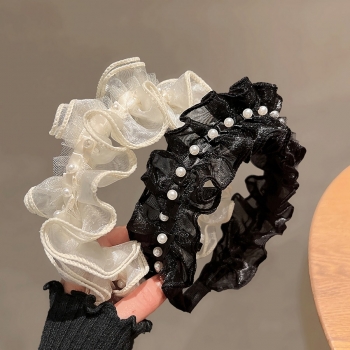 one pc 2 colors mesh ruffle pearl hair hoop(width:5cm)