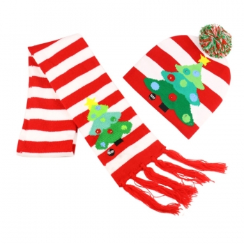one pc christmas cartoon tree jacquard with led knitted beanie & scarf