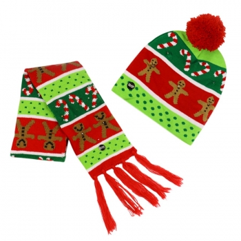 one pc christmas gingerbread man jacquard with led knitted beanie & scarf
