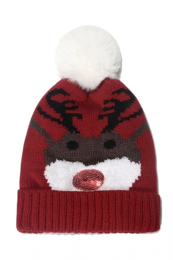 one pc stylish christmas sequin elk head jacquard knitted beanie 56-58cm