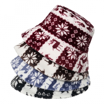 one pc 4 colors christmas rhombus snowflake elk printing plush bucket hat 58cm